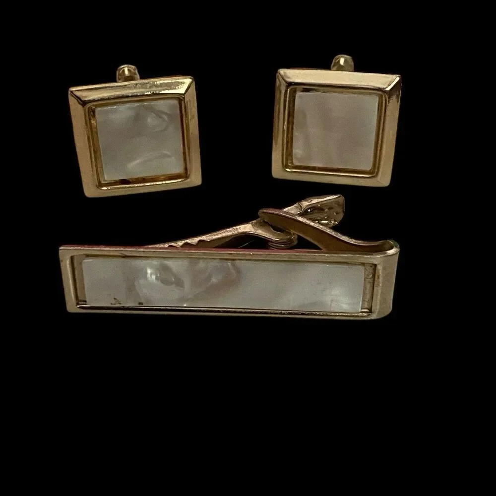 Vintage Mother of Pearl Cufflinks and Tie Clip Set Gold tone Mad Men Office